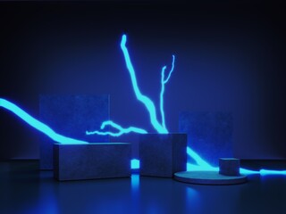 Poster - Abstract neon background with glowing geometric shapes, objects and natural stone, podium-3d, render. Empty showcase, stand, platform for presentations, advertising of technological products, gadgets.