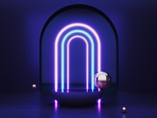 Poster - Abstract neon background with glowing geometric shapes, objects and natural stone, podium-3d, render. Empty showcase, stand, platform for presentations, advertising of technological products, gadgets.