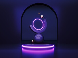 Poster - Abstract neon background with glowing geometric shapes, objects and natural stone, podium-3d, render. Empty showcase, stand, platform for presentations, advertising of technological products, gadgets.