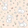 Rabbit with flowers seamless pattern, cute animal background. Spring and easter design.