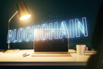Poster - Creative abstract blockchain technology sketch on modern laptop background, future technology and blockchain concept. Double exposure