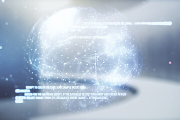 Aufkleber - Multi exposure of abstract software development hologram and world map on empty modern office background, global research and analytics concept