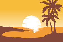 Vector Illustration Of Sunset Scenery On Tropical Beach