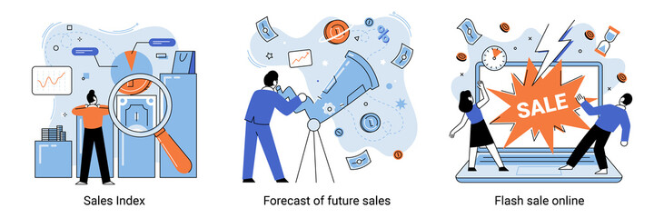 Fototapete - Flash sale online, sales index, forecast of future sales, special offer, e-commerce shop promotion, business statistics, performance. Retail profit plan, profit analysis abstract concept vector set