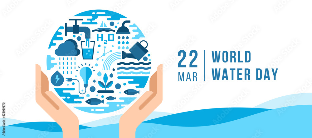 World water day banner - hands hold circle world sign with the many ...