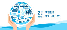 World Water Day Banner - Hands Hold Circle World Sign With The Many Icons On The Topic Of Water Vector Design