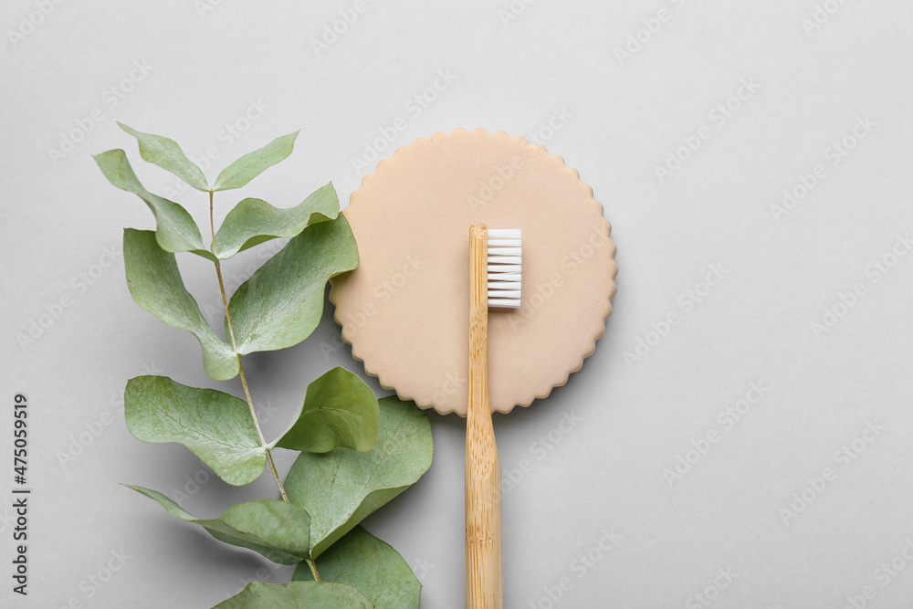 Wooden toothbrush and eucalyptus branch on grey background, closeup