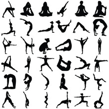 Silhouettes Of People Doing Yoga, Big Set Of Vector Silhouettes Of Man And Woman Doing Yoga
