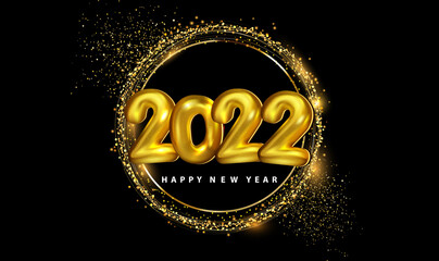 Poster - 2022 New Year luxury shiny golden round frame on a black background. Holiday vector illustration of golden metallic numbers 2022. Realistic 3d sign. Festive poster or banner design. Vector EPS10.