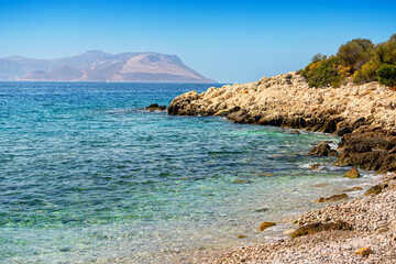 Wall Mural - Rocky and picturesque landscape on the coast of the Aegean and Mediterranean seas. The holiday season and tourist destinations.