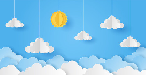 Wall Mural - Paper cut of sun and cloud on blue sky background. Vector illustration