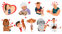 People And Pets. Cat, Dog And Rabbit Pet Owner Characters. Man And Womans Holding On Hands His Animals. Peoples Love His Animals. Cute And Adorable Domestic Animals