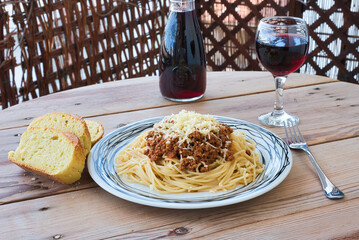 Wall Mural - spaghetti with minced meat, makaronada me kima in Greece