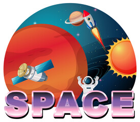 Wall Mural - Space word logo design with satellite and planet