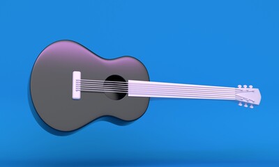 Poster - Blue studio background with flying musical instrument shiny guitar. 3d rendering