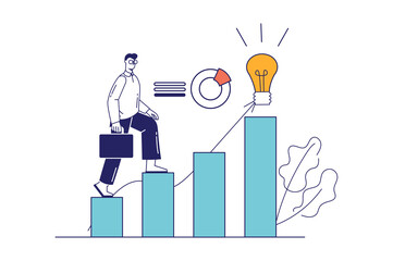 Aufkleber - Startup business concept in flat line design for web banner. Businessman analyzing strategy, makes innovation, invests in new project, modern people scene. Vector illustration in outline graphic style