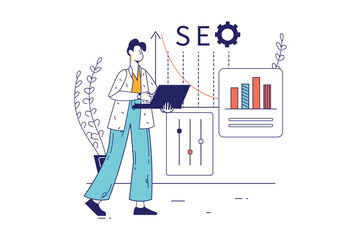 Aufkleber - SEO concept in flat line design for web banner. Man research and analyzes data, settings search engine, doing optimization web pages, modern people scene. Vector illustration in outline graphic style