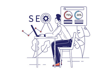 Aufkleber - SEO concept in flat line design for web banner. Woman analyzes search results and website ranking, optimization and development, modern people scene. Vector illustration in outline graphic style