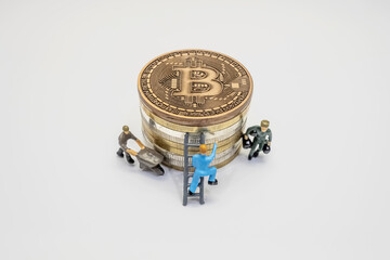 Sticker - bitcoin coin and miniature workers