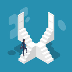 Direction way concept. Choice of a businesswoman. Which path to choose. Lots of stairs and doors. Unknown to come. Decision business metaphor. Vector flat style design. Isolated on background.