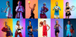 canvas print picture Collage made with images of young sportsmen, little boys and girls with sport equipment isolated on multicolor background in neon light.