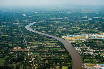 Wall Mural - aerial photo from a plane top view river and fields