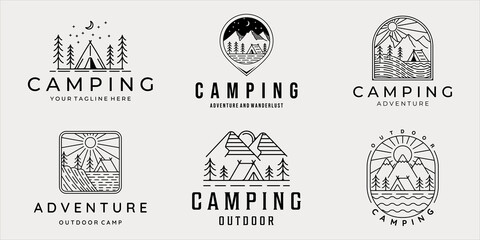 set of camping logo line art simple minimalist vector illustration template icon graphic design. bundle collection of various camp at nature with badge and typography style
