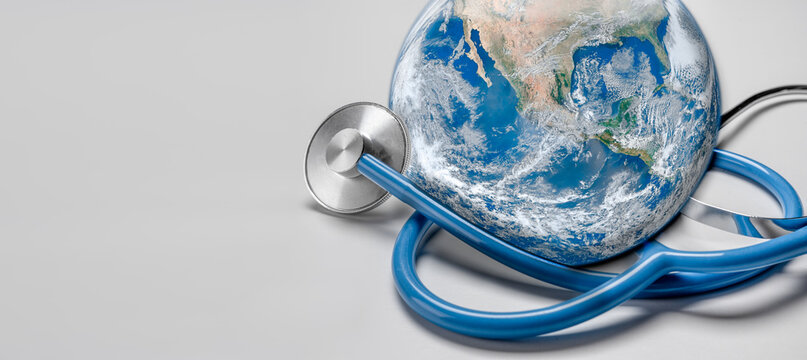 Wall Mural -  - Stethoscope listening planet Earth. Global Healthcare. Stethoscope wrapped around globe on white background. Global health and Green Earth day concept. Elements of this image were furnished by NASA