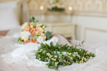 Wall Mural - delicate wedding bouquet on room background