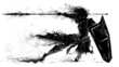 © warmtail - The black silhouette of a fierce agile knight in plate armor with a shield and a sword in his hands, he makes a sharp jerk to the side, dodging the same looking with burning eyes 2d blob art