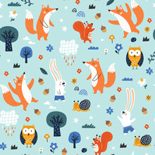 Seamless Childish Pattern With Cartoon Squirrel, Owl, Bunny And Forest Elements. Creative Kids Texture For Fabric, Wrapping, Textile, Wallpaper, Apparel. Vector Illustration
