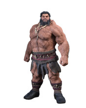 Isolated 3D Rendering Of A Large Fantasy Giant Man With Beard Standing In A Loincloth And Boots.