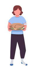 Wall Mural - Person with cooked turkey semi flat color vector character. Dynamic figure. Full body person on white. Home dinner isolated modern cartoon style illustration for graphic design and animation