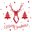 Świąteczna dekoracyjna karta świąteczna z reniferem, choinkami i gwiazdkami