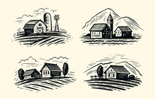 Village Landscape Sketch. Vintage Vineyard Farm. Hand Drawn Agricultural Plantation With Rustic Houses