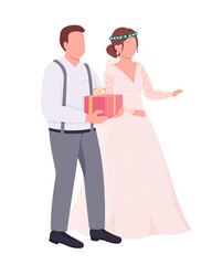 Wall Mural - Newlyweds with gifts semi flat color vector characters. Standing figures. Full body people on white. Wedding reception isolated modern cartoon style illustration for graphic design and animation