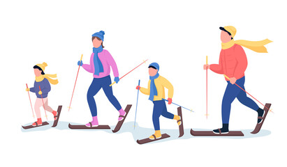 Family skiing semi flat color vector characters. Dynamic figures. Full body people on white. Winter recreation isolated modern cartoon style illustration for graphic design and animation