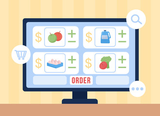 Poster - Choose groceries online flat color vector illustration. E commerce and retail. Desktop display with online shop. Supermarket website on 2D cartoon computer monitor with abstract background