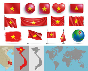 Wall Mural - vietnam flags of various shapes and country map set. realistic vietnamese waving flags, glossy butto