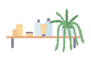 Poster - Shelf with home stuff semi flat color vector item. Realistic object on white. Skincare containers and houseplant isolated modern cartoon style illustration for graphic design and animation