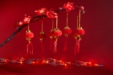 Wall Mural - Chinese new year lanterns on red background. Chinese New Year festival decorations.
