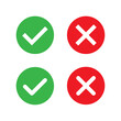 Confirm and deny flat icons. Correct and error signs in circles. White cross mark in red sircle. White checkmark in green circle. Vector logo for web design and infographic isolated on white