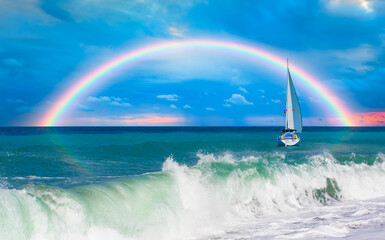 Wall Mural - Yacht sailing in open sea at stormy day - Anchored sailing yacht on calm sea with tropical storm and double sided rainbow in the background