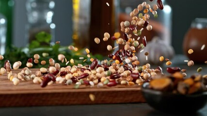 Wall Mural - Super slow motion of rolling  legumes mix on wooden board. Filmed on high speed cinema camera , 1000 fps. Camera in motion control, follow the object.