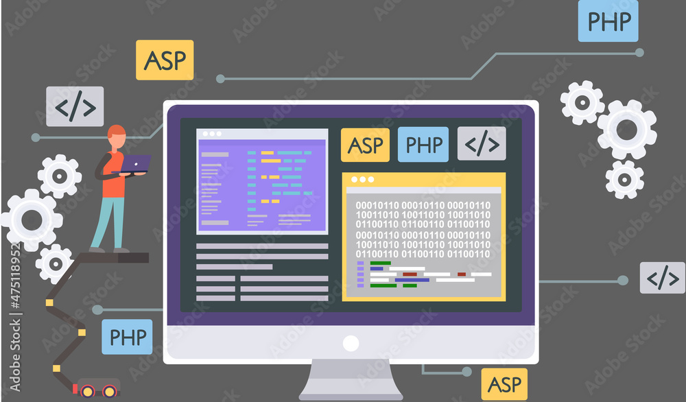 Workplace of office worker programmer with code screen. Desktop with ...