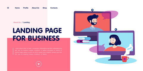 Poster - Friends or colleagues talking on video call. Man and woman chatting through screens flat vector illustration. Online meeting, video conference concept for banner, website design or landing web page