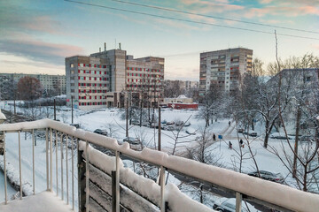 Sticker - Blue sky over the old Soviet buildings. of Purvciems, Riga, Latvia in winter