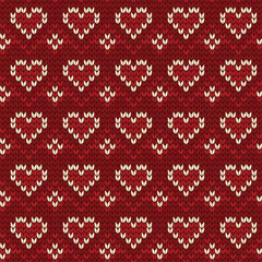 Sticker - Heart knitting seamless pattern wool knitted texture red nordic knit knitwear fabric design hearts geometric ornament vector illustration, Cute retro background for Valentine's day or wedding