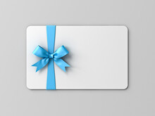 Blank White Gift Card With Blue Ribbon Bow Isolated On Gray Background With Shadow Minimal Concept 3D Rendering
