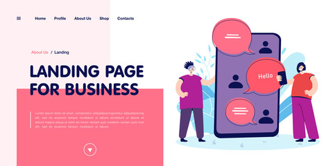 Poster - Friends chatting online through internet. Tiny female characters using phones, huge mobile with messages flat vector illustration. Communication, technology concept for banner, website design